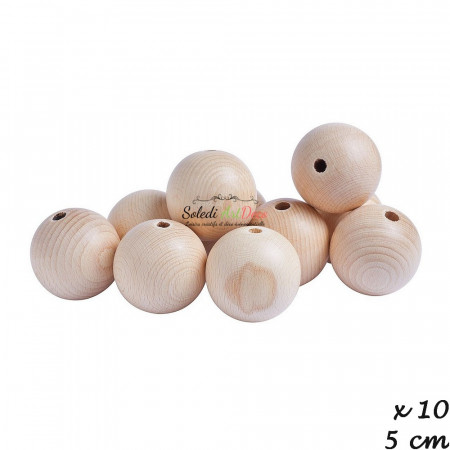 Set aus 10 durchgebohrten Kugeln aus Buchenholz, Durchmesser 50 mm, Loch 8 mm
