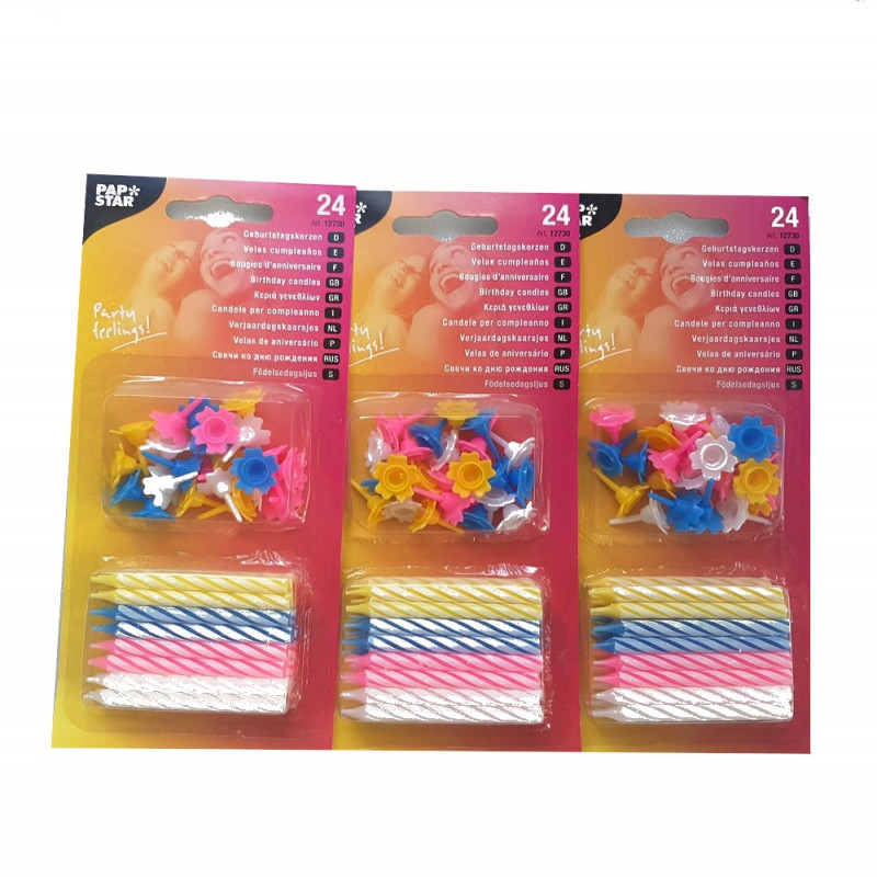 Lot 72 bougies torsadées 4 couleurs Anniversaire pour gâteau de fête, haut. 6 cm et bobèches