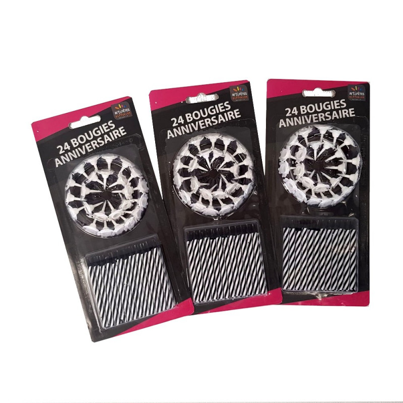 Lot de 72 bougies Noir Anniversaire pour gâteau de fête, haut. 6 cm et bobèches