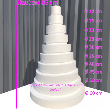 Pièce montée Wedding Cake, Hauteur 88 cm, Base Ø 60cm à 10cm, 10 étages en Polystyrène