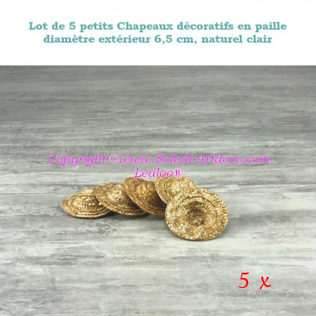 Lot de 5 petits Chapeaux décoratifs en paille, Ø extérieur 6,5 cm, naturel clair
