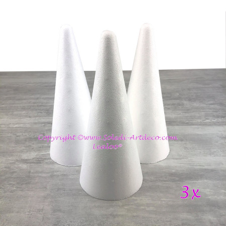 Lot de 3 cônes en polystyrène plein de 28 cm de haut, diamètre de base 12 cm, densité supérieure