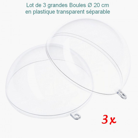 Lot de 3 grandes Boules Ø 20 cm, Plastique transparent séparable, Contenant sécable