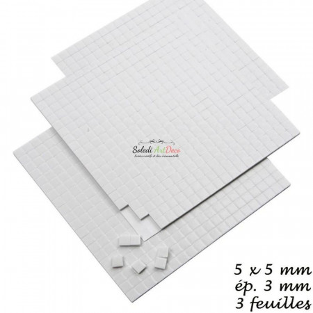 Set of 3 sheets Adhesive square dots, 3D, 5 x 5 x 3 mm, 1680 pieces, white pads