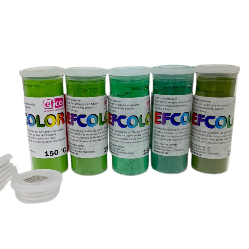 Set 5 couleurs Poudre Efcolor 10 ml, nuancier vert, 2 tamis, pour émaillage à froid, cuisson à 150°C