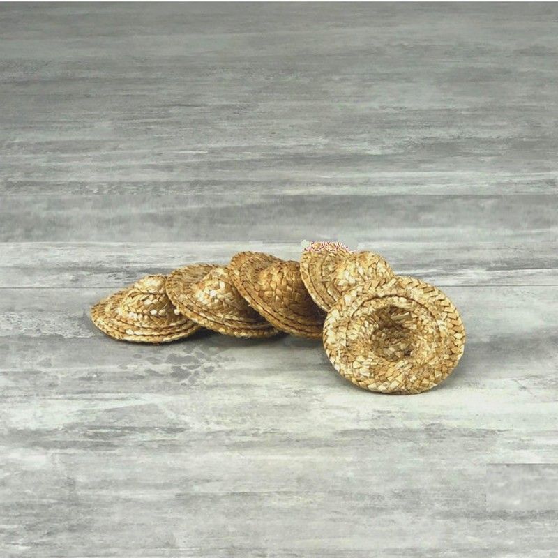 Set mit 5 kleinen dekorativen Strohhüten, Außendurchmesser 6,5 cm, Höhe 2 cm, Natur hell