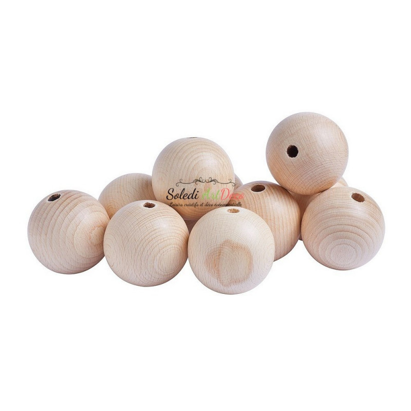 Lot de 10 Boules percées en bois de hêtre, diamètre 50 mm, perçage 8 mm