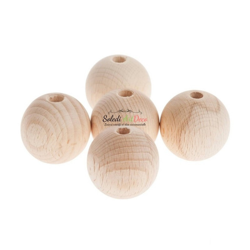 Lot de 5 Boules percées en bois de hêtre, diamètre 60 mm, perçage 10 mm