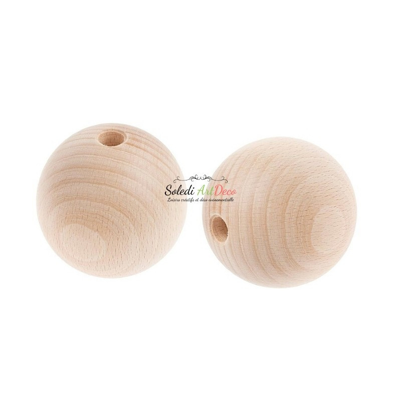 Lot de 2 grandes Boules percées, Diamètre 7 cm, en bois de hêtre, perçage 10 mm