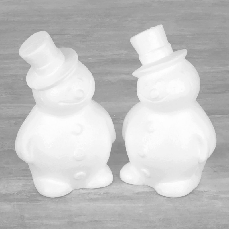 2 Styropor Schneemänner mit Zylinderhut, Hoch. 17 cm, zu personalisieren