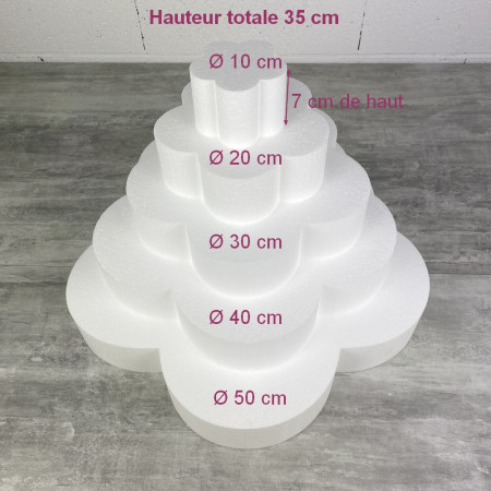 Pièce montée Fleur en polystyrène plein, Hauteur 35 cm, Support 5 étages de 7 cm, Base du socle 50 cm