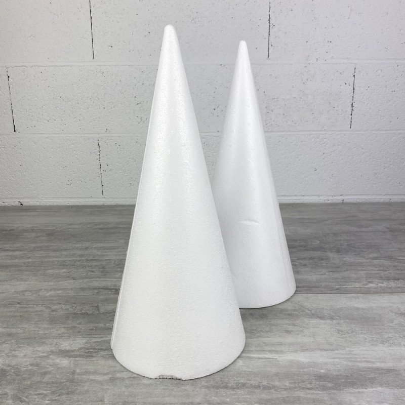 Lot de 2 cônes en polystyrène plein, hauteur 40 cm, avec impacts, Diamètre de base 18 cm, Styro blanc