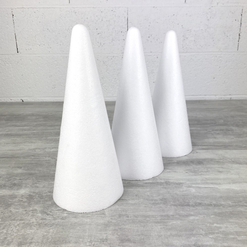 Lot de 3 cônes en polystyrène plein de 28 cm de haut, diamètre de base 12 cm, densité supérieure