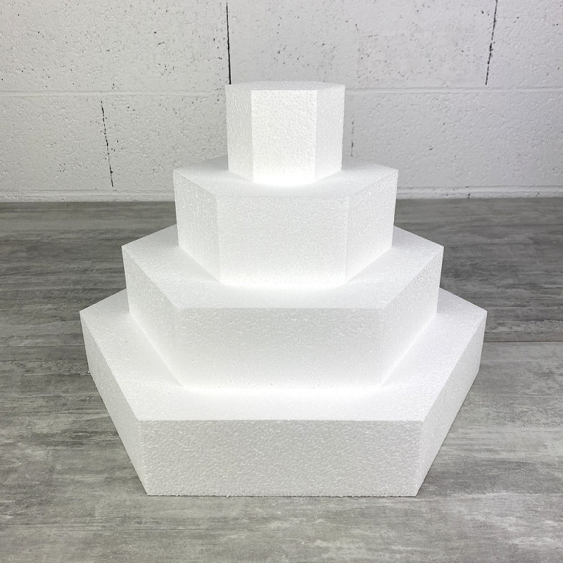 Pièce montée Hexagonale en polystyrène, Base 40 cm à 10 cm, 4 socles de 7 cm de haut, Total 28 cm