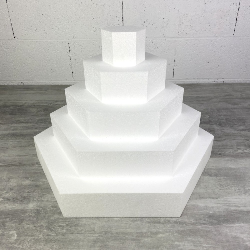 Sechseckiges Stück aus Polystyrol wedding cake, Sockel 50 cm bis 10 cm, 5 Sockel 7 cm hoch, Gesamt 35 cm