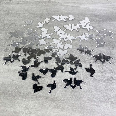 Lot de 60 Cœurs et colombes, ø 2 à 5 cm, en Miroir plastique à éparpiller ou à coller, décoration de mariage
