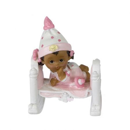 Bébé Fillette de couleur Noir en Pyjama rose, 7,5x5,5x3,5cm, Petite figurine en résine dans un lit avec Tétine