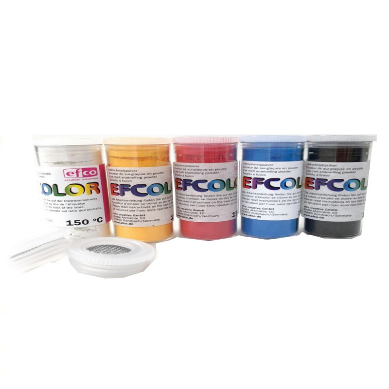 Set 5 colors, Efcolor Enamel powder, 25 ml, primary color, total 125 ml, 2 sieves tops, for enameling, baking at 150 ° C