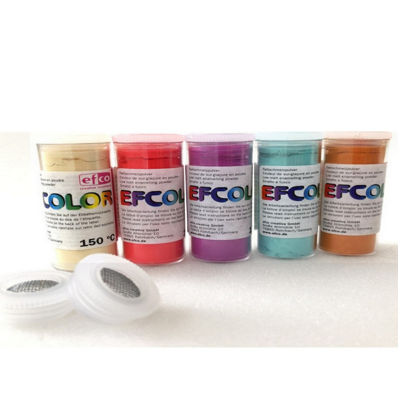 Set 5 couleurs Poudre Efcolor flacon 25 ml, soit 125 ml, nuancier Doux, 2 tamis, pour émaillage à froid, cuisson à 150°C
