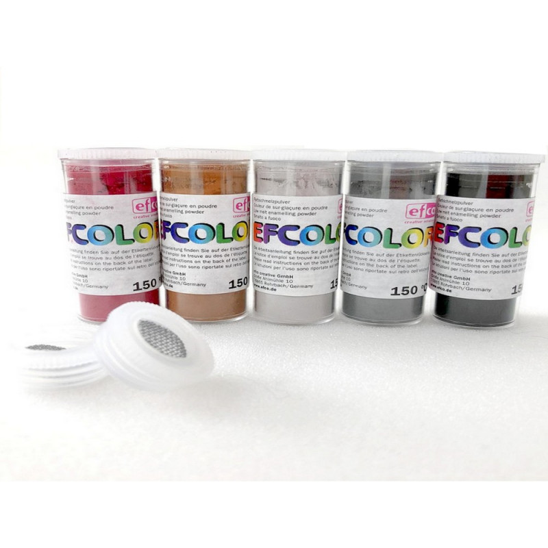 Set 5 couleurs Poudre Efcolor flacon 25 ml, soit 125 ml, nuancier Foncé, 2 tamis, pour émaillage à froid, cuisson à 150°C