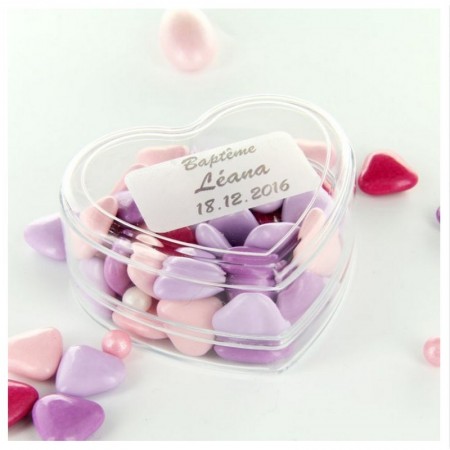 Lot de 3 Boites contenants dragées en plastique forme Coeur, Longueur 6 cm