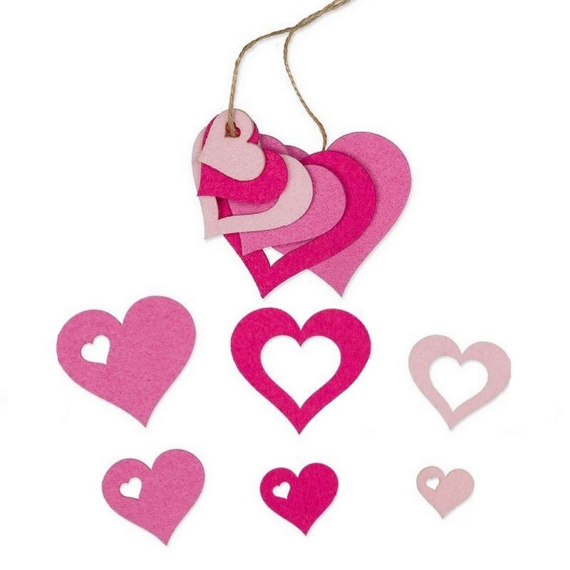 Set of 6 Hearts in Rose Gradient Felt, 6.5 x 5 x 3.5 x 2.5, for scrapbooking or hanging