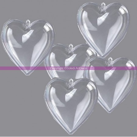 Lot de 5 Coeurs en plastique cristal transparent séparable, 10 cm, Contenant sécable alimentaire