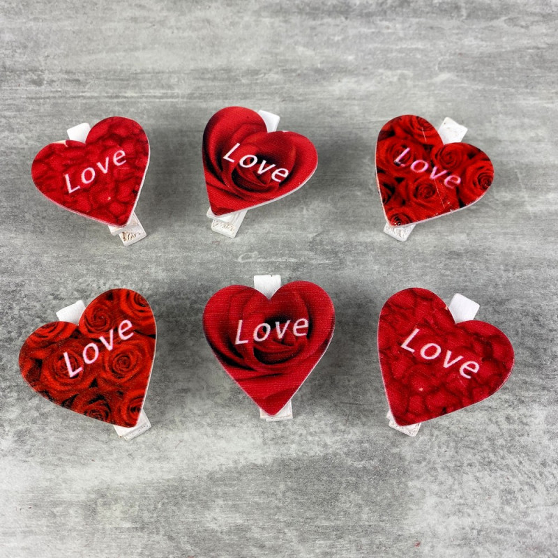 Set of 6 small wooden clothespins, 3.5 cm, red heart and Love, valentine's day