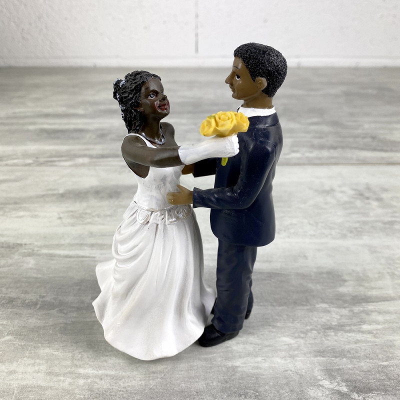 Couple de Mariés Noirs en Résine bouquet dans la main, 15 cm, figurines pièce montée et mariage