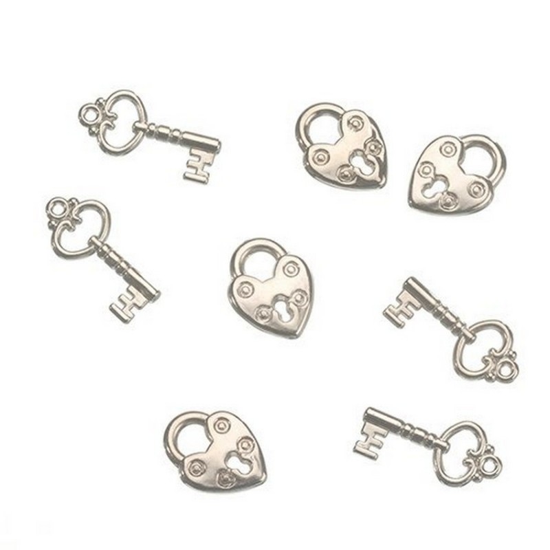 Gros Lot de 16 clefs et 16 cadenas style ornemental décoratifs en plastique argenté, à éparpiller, 20 et 35mm