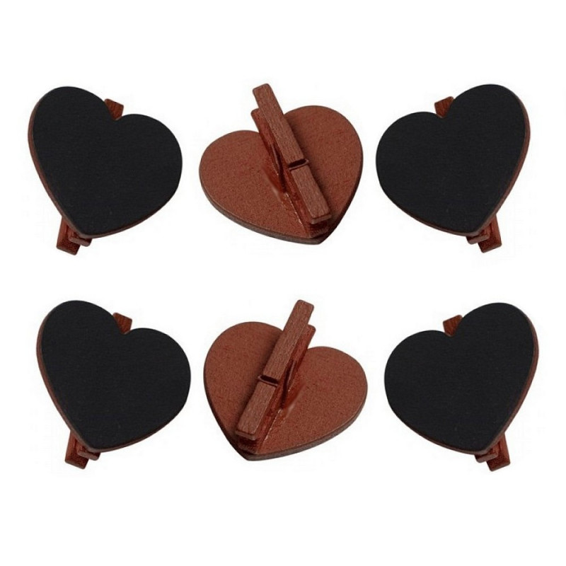 Gros Lot de 20 Ardoises forme Coeurs sur pince en bois couleur Chocolat, 5x5,5 cm,  Marque-place mariage