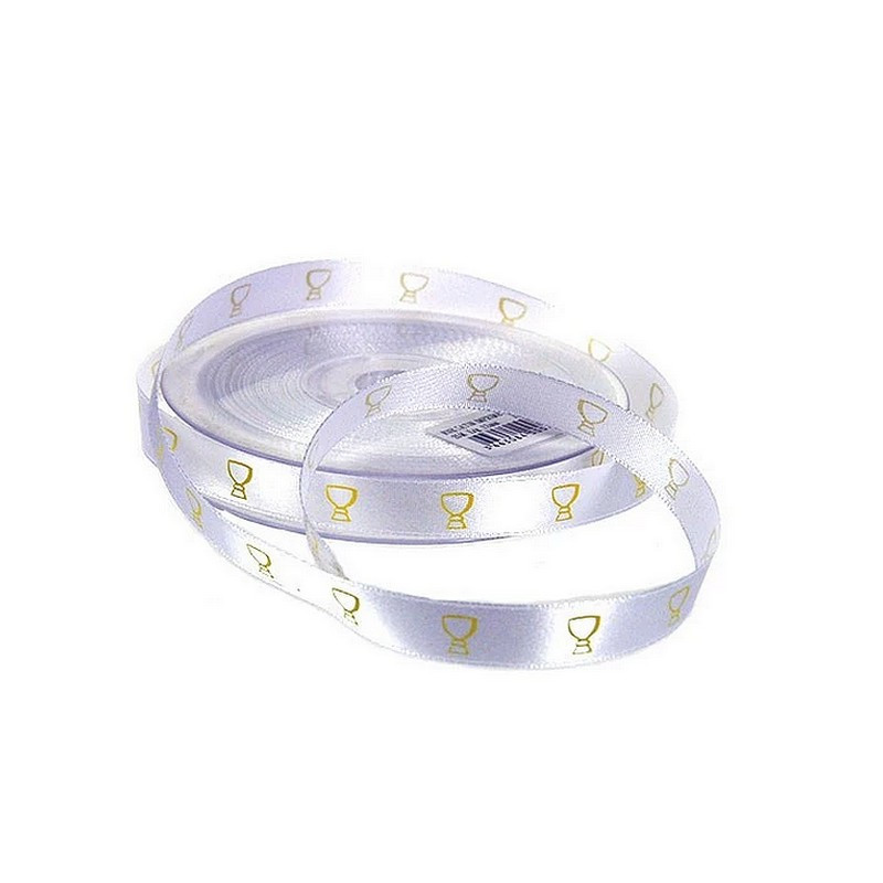 Weißes Satinband, goldene Kelche, lang. 25 m hoch. 1 cm für die Kommunion