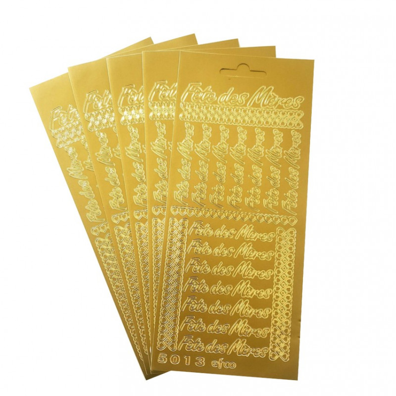 Lot de 5 Stickers de contour Fête des Mères et coeurs Doré, Planche 10 x 23 cm, autocollants peel off pour scrapbooking