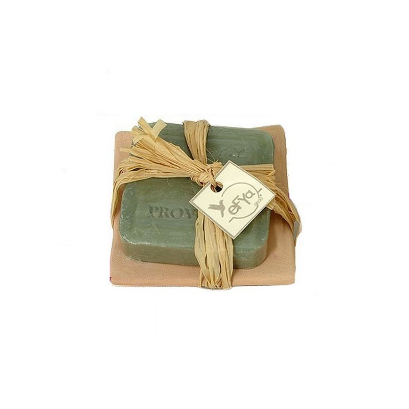 Savon de forme Carré Vert à l'Olive avec coupelle en terre cuite, 80gr, 8 x 8 cm, déco romantique et champêtre