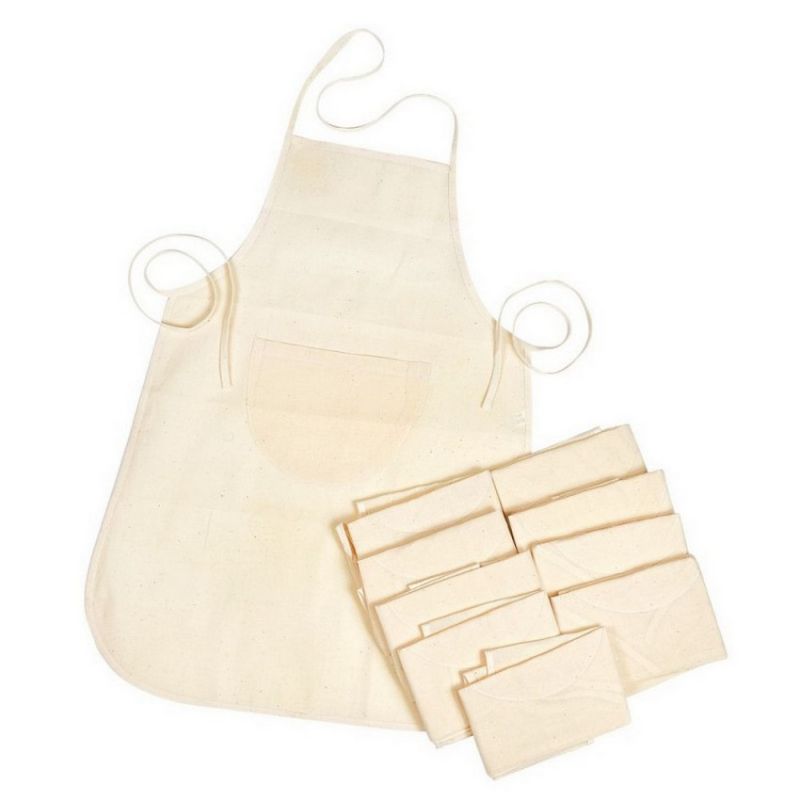 Lot de 10 Tabliers de bricolage pour Enfant, Coton fin et léger naturel, avec poche, dim. 60 x 50 cm, à customiser