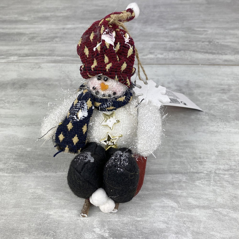 Bonhomme de neige pailleté, assis sur sa luge, Haut. 10 cm x 11cm