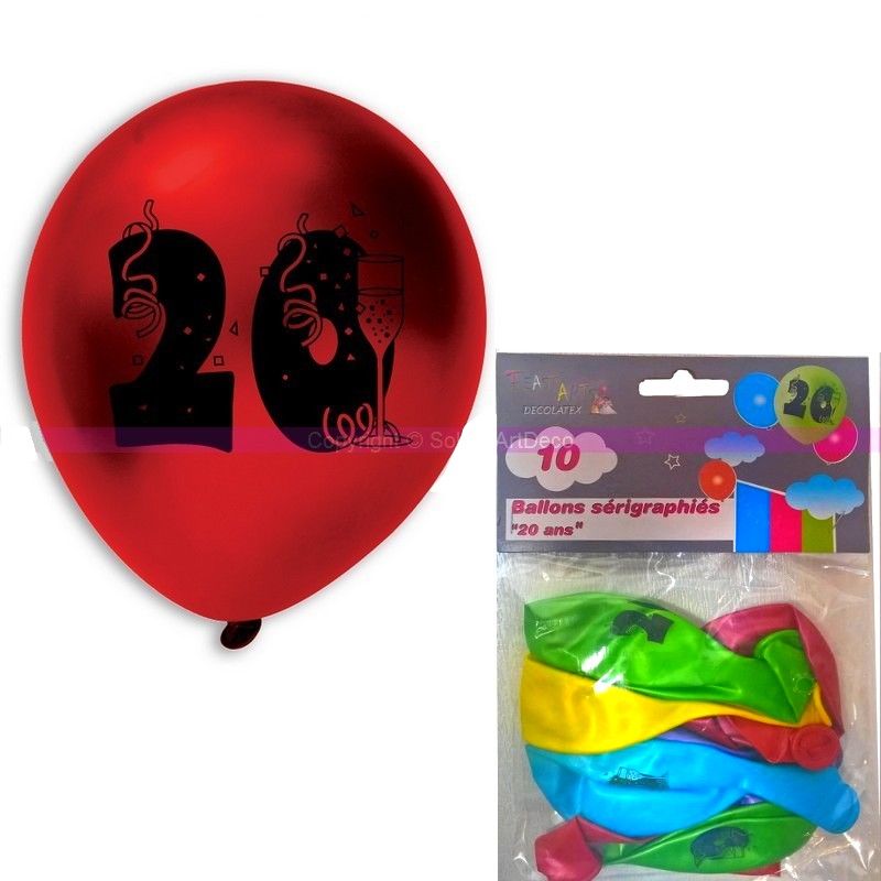 Beutel mit 10 Luftballons, siebgedruckt, 20 Jahre, Durchmesser 28 cm, für Geburtstagsdeko