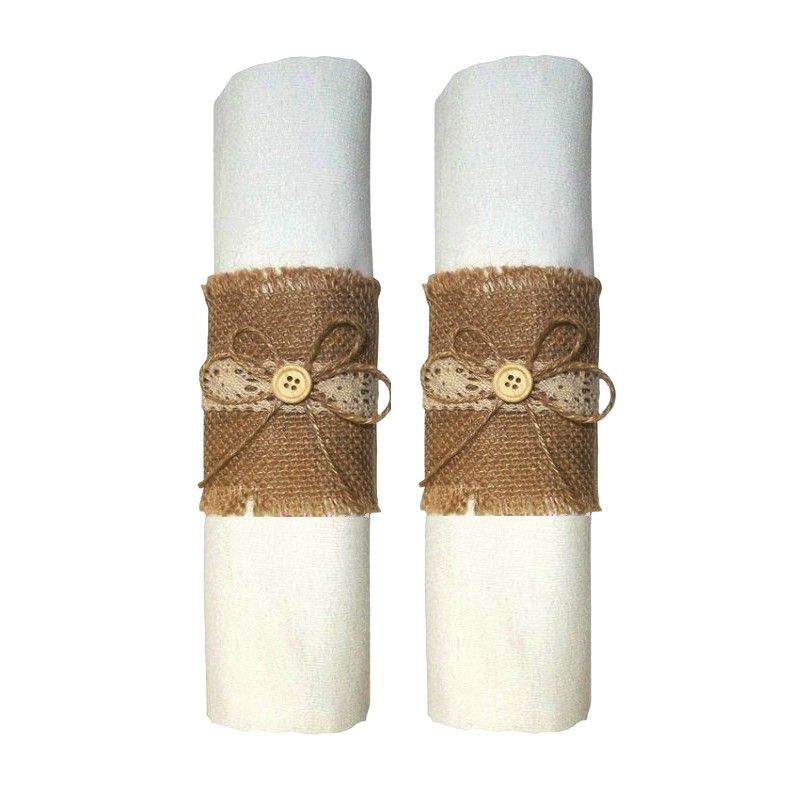 Lot de 2 Ronds de serviette en toile de Jute, Dentelle crochet et bouton, 9,5x8cm, pour décoration champêtre