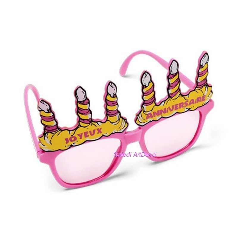 Falsche Brille, Joyeux Anniversaire in Pink, mit dekorativen Kerzen und getönten Gläsern, hoch. 12 cm, Breite. 15 cm lang. 13cm