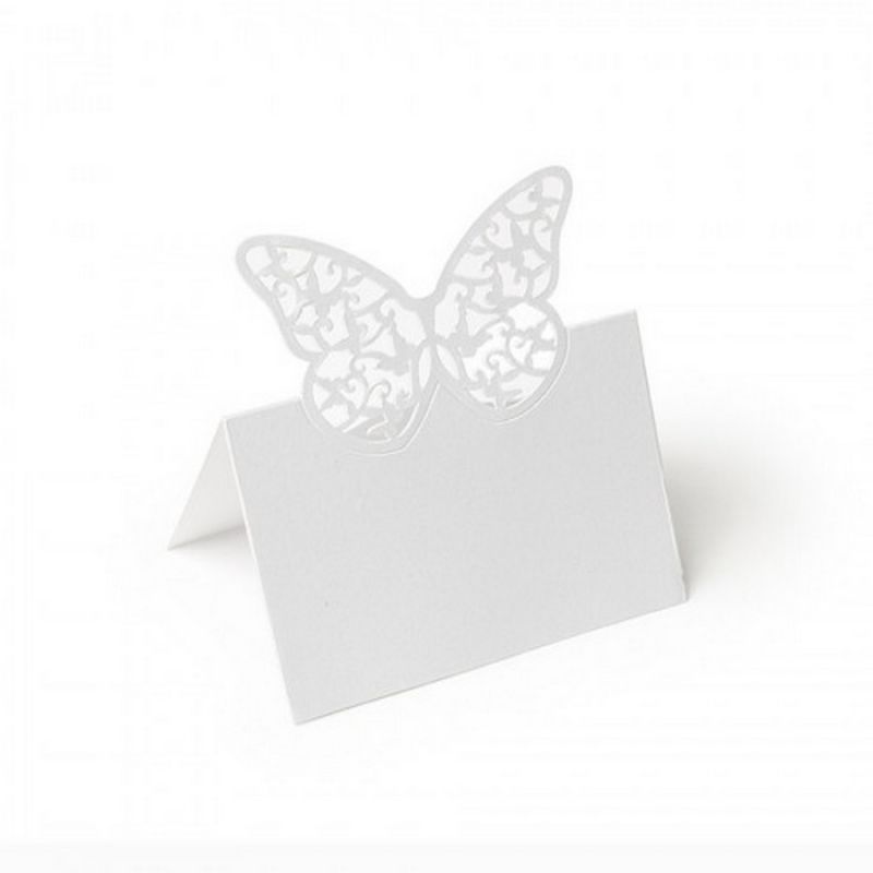 Set of 20 Butterfly Shape Place-Marker, Chiselled Wings, Iridescent White Lace Effect, Folded Height 9cm x Width 8cm