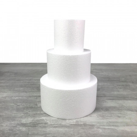 Kleine Styropor Torten-Dummy, 30 cm Gesamthöhe, Basis 20 cm, 3 Scheiben à 10 cm Höhe, hohe Materialdichte