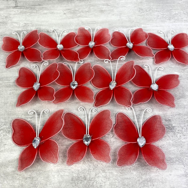 Lot de 12 Papillons en tulle Rouge et armature, strass au centre, 5 x 6 cm