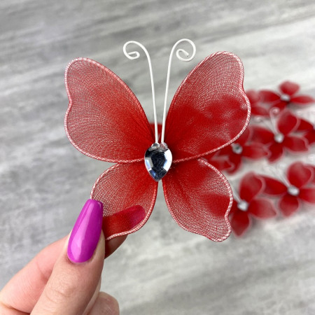 Lot de 12 Papillons en tulle Rouge et armature, strass au centre, 5 x 6 cm