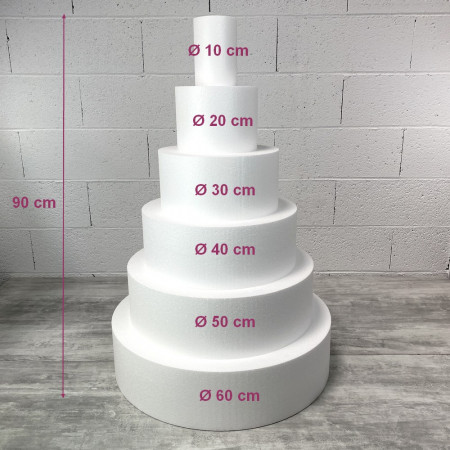 Pièce montée Wedding Cake, Haut. 90 cm, Base Ø 60 cm à 10 cm, 6 disques de 15 cm de haut en Polystyrène