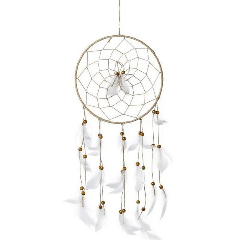 Boho dream catcher, diam 33 cm, White feathers, Wooden and jute beads, 85 cm long