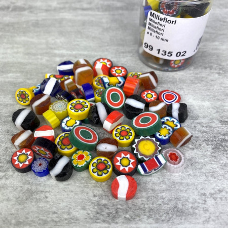 Millefiori, émaux milles fleurs, 8 à 10 mm, mélange de couleurs, flacon de 40 g