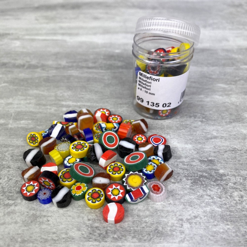Millefiori, émaux milles fleurs, 8 à 10 mm, mélange de couleurs, flacon de 40 g