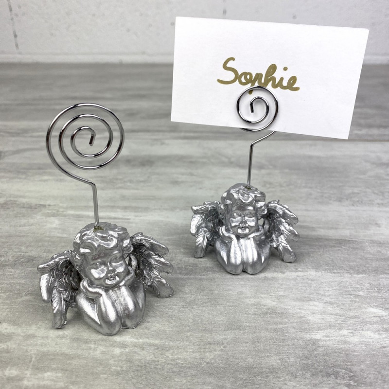 Lot de 2 Marque-places angelots, Porte-noms en résine argenté, 5,5 x 5 x h.9 cm