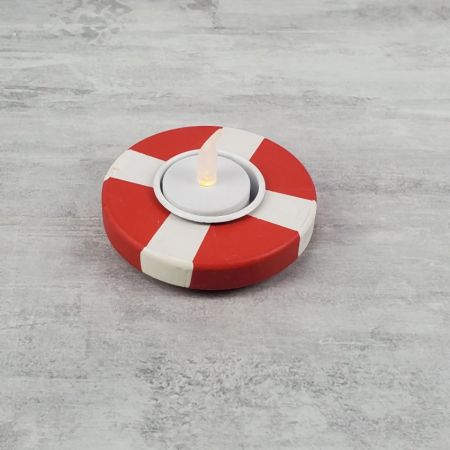 Bougeoir Chauffe plat en bois, Forme Bouée rayée Rouge et blanc, Diamètre 9cm, haut. 2,7cm