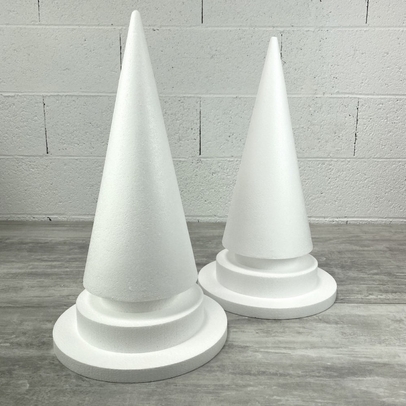 Lot de 2 Cônes en polystyrène à pied, h. 49 cm avec supports, base 27,5 cm, à décorer